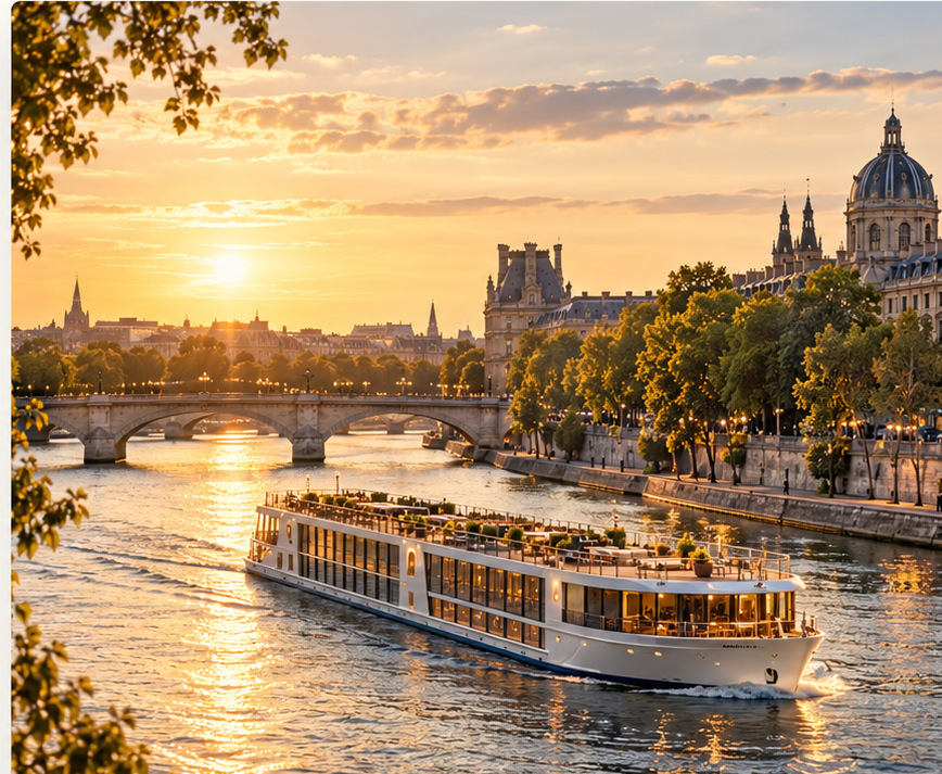 Unbranded river cruise vessel passing a picturesque European waterfront at golden hour